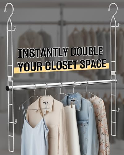 Stainless Steel Hanging Closet Rod with Side Hooks - Adjustable 29 Inch, 2 Pack