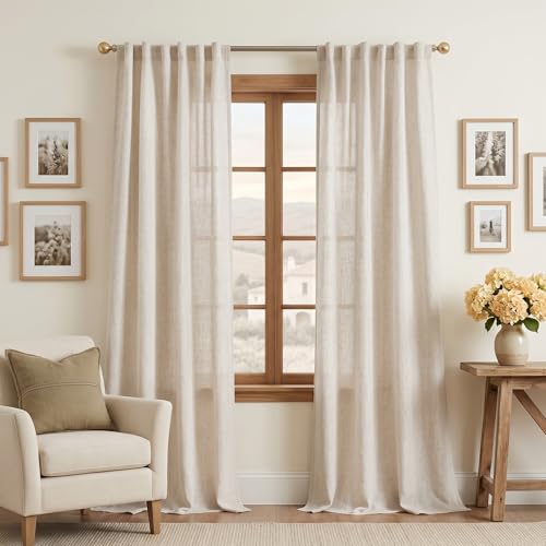 Linen Curtains for Living Room - 50W x 96L Semi Sheer Farmhouse Drapes Set of 2 Natural Linen