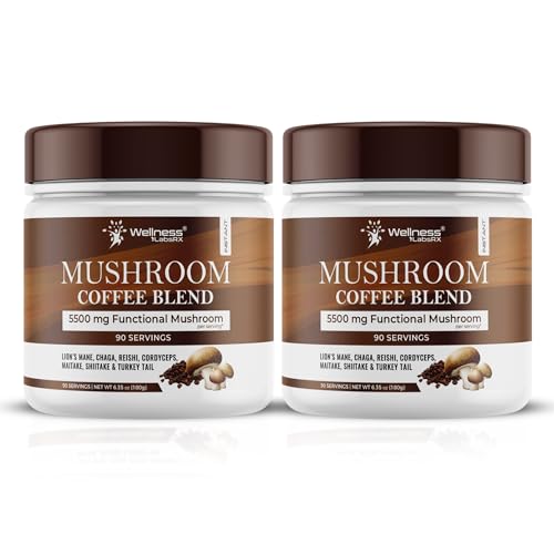Organic Mushroom Coffee Instant Pack of 2 - 6.35oz, 7 Superfood Mushrooms Blend, 180 Servings