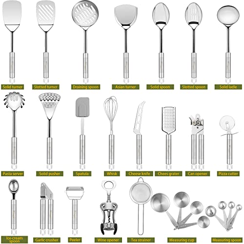 Stainless Steel Kitchen Utensil Set - 28 Pcs Cooking Tools with Color Variation