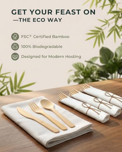 50 Pack Pre-Rolled Bamboo Silverware Set with Napkins - Eco-Friendly Disposable Utensils