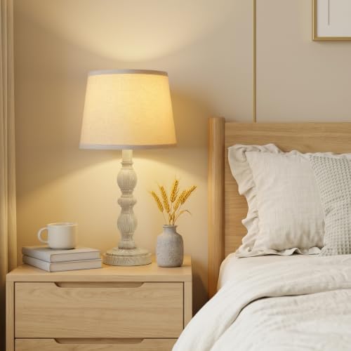 GyroVu Creamy White Rustic Farmhouse Set of 2 Bedside Table Lamps with Linen Shade - 20.5 inches