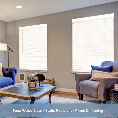 35x60 Inch Faux Wood Cordless Window Blind - Bright White, 2 Inch Slats