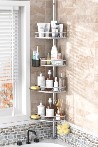 Foukus Chrome Adjustable Tension Pole Shower Caddy - Rustproof Corner Bathroom Organizer