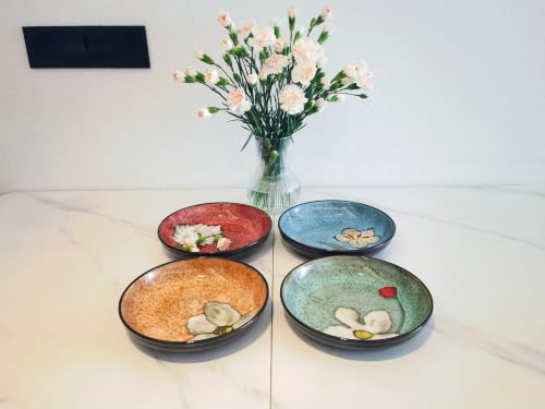 Ceramic Pasta Bowl Set of 4 - 8.5 Inch Deep Plates with Colorful Variations