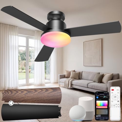 SMAVISTA 42-Inch RGBW LED Ceiling Fan Light with Remote - Black + Walnut, Flush Mount, Dimmable & WiFi Compatible