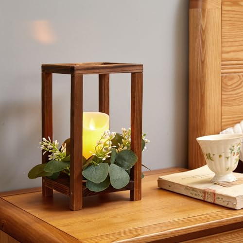 Dark Brown 18-Piece Wooden Wedding Lantern Centerpiece Set with Flameless LED Candles & Eucalyptus Wreaths - Rustic Farmhouse Decor