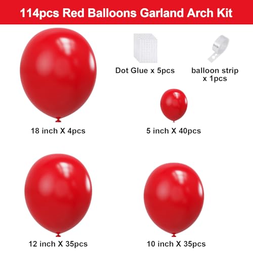 Red Balloons Garland Arch kit, 114pcs Red Latex Balloon with Different Sizes for Birthday, Graduation, Valentines, Christmas, Wedding Party Decorations