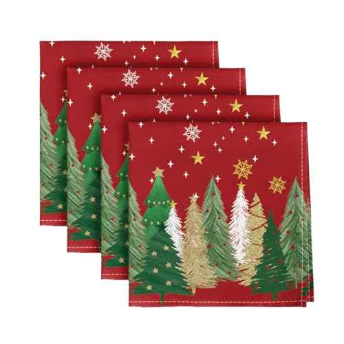 Horaldaily Christmas Cloth Napkins 18 x 18 Inch, Christmas Pine Tree Stars Red Party Dinner Decoration Washable Napkins Set of 4