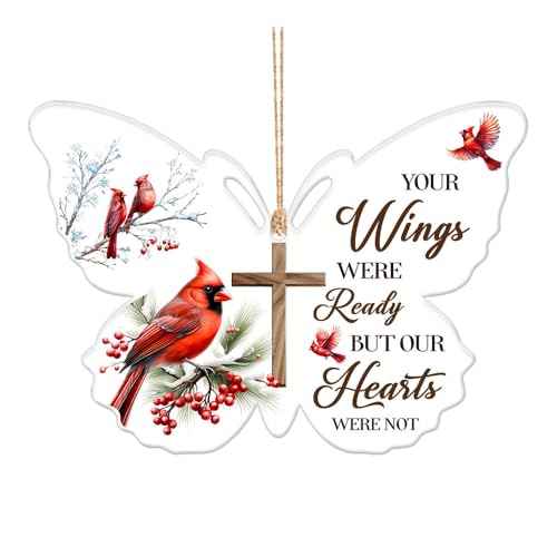 Memorial Gifts, Acrylic Ornaments, Loving Memory Cardinal Cross, Snow Hanging Decorations Gift Cross Christmas Tree Holly with Berries Mirror Car with Ribbon Cardinal Bird