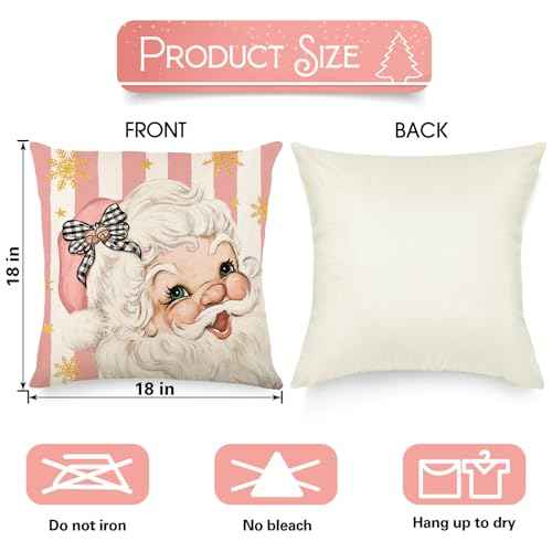 Christmas Pillow Covers, 18x18 Set of 4 Pink Xmas Pillow Covers Decor, Santa Snowflake Merry Christmas Tree Reindeer Joy Gift, Winter Pillowcase Decorative Throw Cushion Case for Sofa Caces