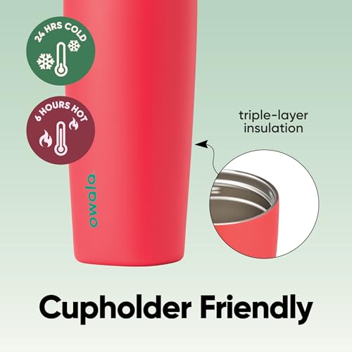 Owala SmoothSip Slider Insulated Stainless Steel Coffee Tumbler, Reusable Iced Coffee Cup, Hot Coffee Travel Mug, BPA Free 12 oz, Pink (Pucker Up)