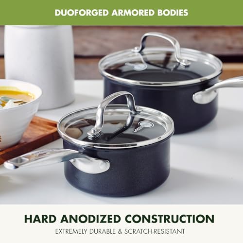 GreenPan Prime Chatham 1QT & 2QT Nonstick Saucepan Set with Glass Lids, Hard Anodized, PFAS-Free, Dishwasher Safe, Oven Safe, Black