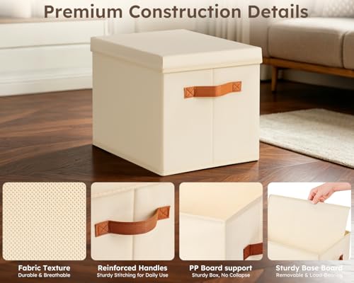 Fabric Storage Bins with Lids - 6 Pack Foldable Stackable Organizers for Home, Nursery, Dorm - Beige