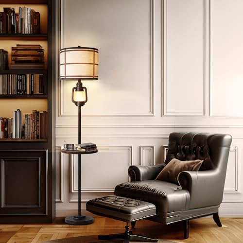 Dark Bronze Rustic Farmhouse Floor Lamp with Nightlight and Metal Tray