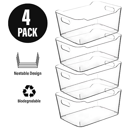 Large Clear Plastic Storage Bins - Kitchen Pantry Organizer Set - 4 Pack