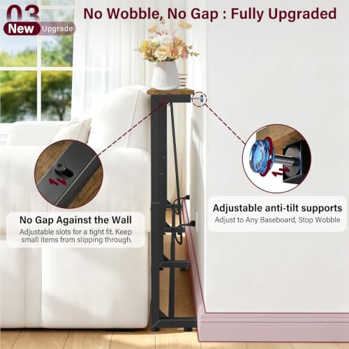 Adjustable Narrow Console Table Behind Couch with 2 Power Outlets, Rustic Brown