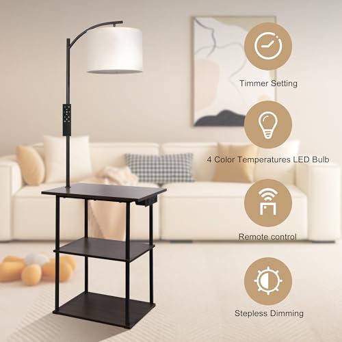 PESRAE Rustic Brown Floor Lamp with Table & Remote Control - 3-Tier Side Table with Charging Station