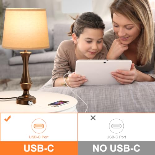 Tall D. Oat Shade & Brown Base Touch Lamps for Nightstand - 3 Way Dimmable with USB-C & USB-A Ports
