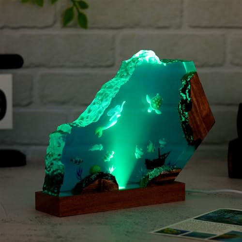 Drawelry Ocean Turtle Epoxy Resin Wood Night Lamp - Handmade Wave Sea Decor S