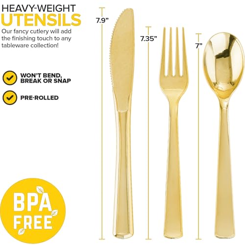 Joyido 400PCS Gold Plastic Silverware Set - Classic Pre Rolled Disposable Cutlery for Parties & Events
