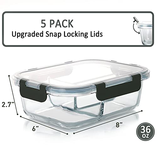Gray 5 Pack 36oz Borosilicate Glass Meal Prep Containers with 3 Compartments & Airtight Lids