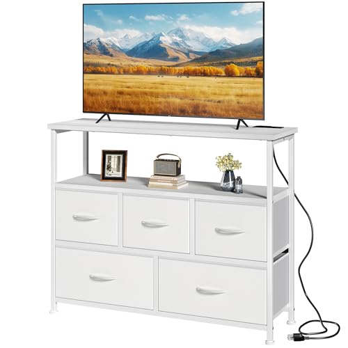 DUMOS TV Stand with 5 Fabric Drawers, Built-in Charging Station & Open Shelf