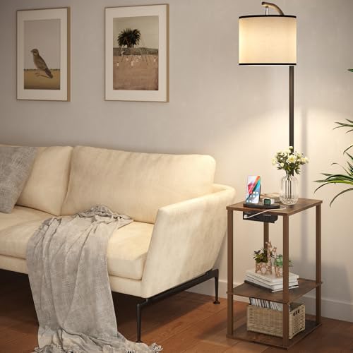 SUNMORY Rustic Brown Floor Lamp with Shelves & Charging Station - End Side Table for Living Room