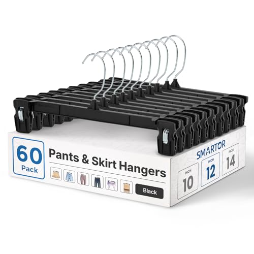 Smartor 60 Pack Black Pants & Skirt Hangers with Clips, 12 Inch, Heavy Duty Non-Slip Clamps