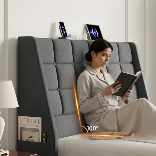 Full Size Upholstered Headboard with Charging Station & Storage Pockets