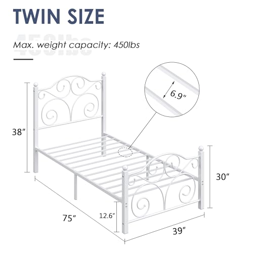 Twin Metal Bed Frame with Headboard Footboard Support - White, Easy Assembly