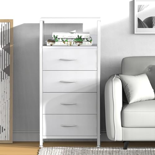 White Fabric Dresser with 4 Drawers - Tall Bedroom Storage Nightstand, 11.5 x 16.1 x 33.3 Inches