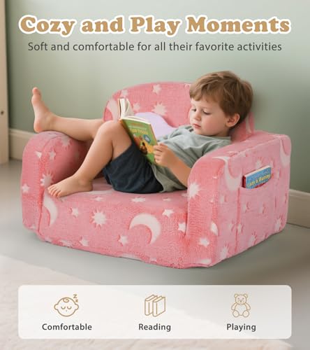 Pink Moon Kids 2-in-1 Glow-in-The-Dark Toddler Couch with Blanket & Cloud Pillow