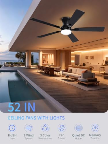 Black 52 Inch Low Profile Ceiling Fan with Light Remote Control - Modern Flush Mount