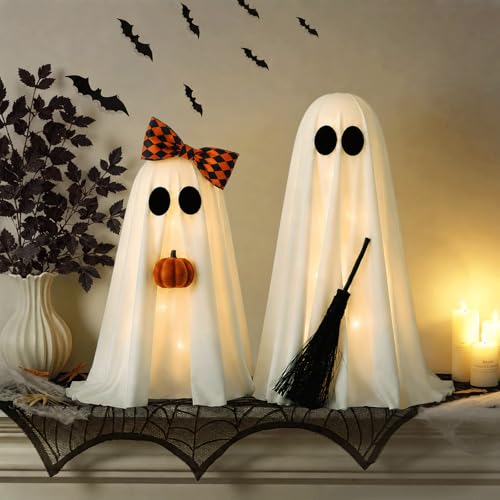 Lighted Ghost Decorations Indoor 2 Pack - Warm White Halloween Broom & Pumpkin