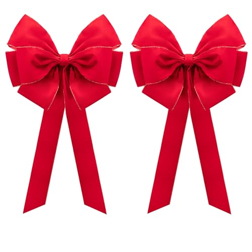 2 Pcs Large Christmas Bows 35.4 x 17.1 in Red Velvet with Gold Edges - Iceyyyy