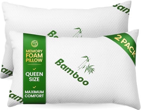 Sleepavo Queen Firm Memory Foam Pillow Set of 2 - Cooling Shredded Bed Pillows for Sleep, Back, Side & Stomach Sleepers, Rayon from Bamboo, 28x17x8