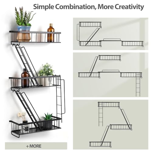Black 3-Tier Fire Escape Wall Shelf - NYC Style Ladder Floating Shelves for Bedroom & Home Office
