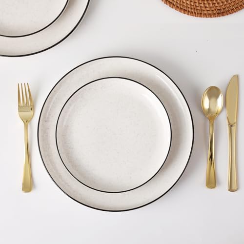 12-Piece Ceramic Dinnerware Set with Plates & Bowls - White, Black Rim, Microwave & Dishwasher Safe