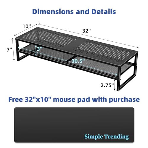 Dual Monitor Stand Riser with 32x10 Inch Mouse Pad, Black - Ergonomic & Sturdy