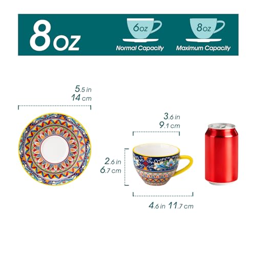 Vancasso 8oz Cappuccino Cups & Saucers Set - Porcelain Coffee Tea Cups, Vibrant Bohemian Design, Dishwasher & Microwave Safe, Set of 6