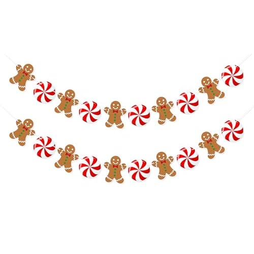 Uniwish Peppermint Gingerbread Man Banner Garland Christmas Hanging Decorations Christmas Tree Ornaments for Home Office Decor New Year Xmas Holiday Party Supplies