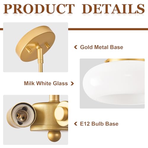WOKNOS Mid-Century Gold Semi Flush Ceiling Light 12.6 Inch with Adjustable Downrod