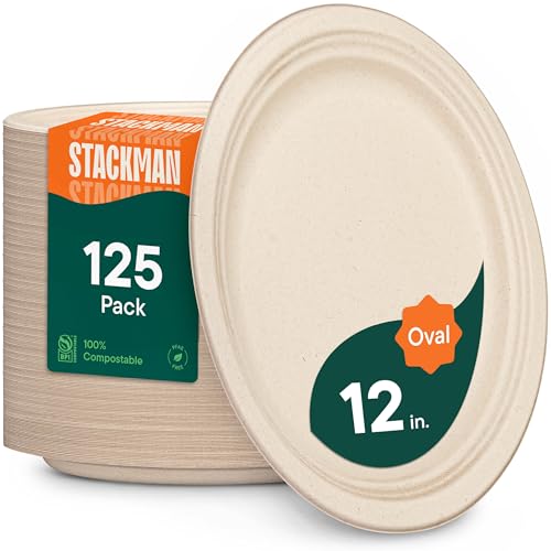12 Inch Heavy Duty Biodegradable Paper Plates - Disposable Oval Serving Platters, Microwave Safe, Eco-Friendly, 125-Count