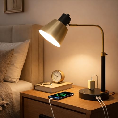 Starstrips Modern Adjustable Desk Lamp with Dual USB-C/A & AC Outlet - 340° Swivel, Variation 1