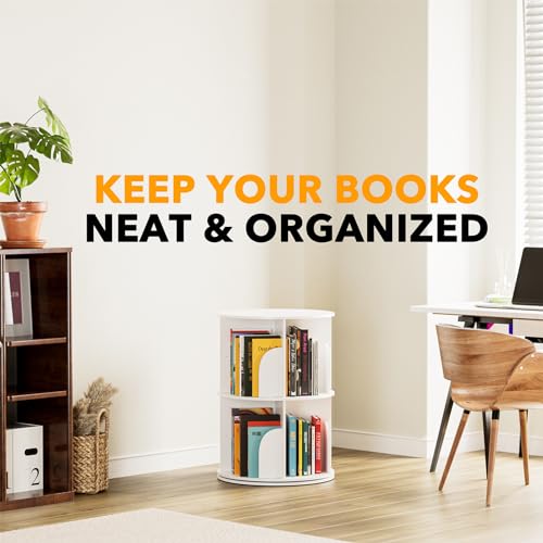 2-Tier Rotating Bookshelf Tower - 25.6 Inch White Spinning Bookcase Lazy Susan