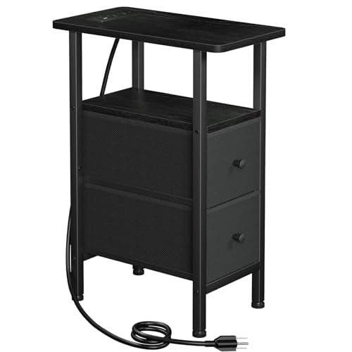LOAKEKEL Narrow End Table with Charging Station - Small Nightstand, Black, 23.22"H with 2 Drawers & Power Ports