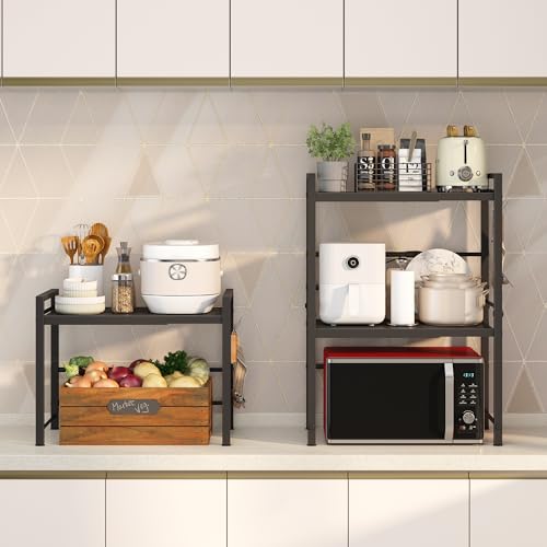 Black 3-Tier Expandable Microwave Oven Rack with Hooks - Space-Saving Kitchen Organizer