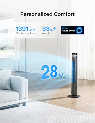 Grey Pelonis 42-Inch Tower Fan with Remote, 5 Speeds, 90° Oscillation, Eco Mode