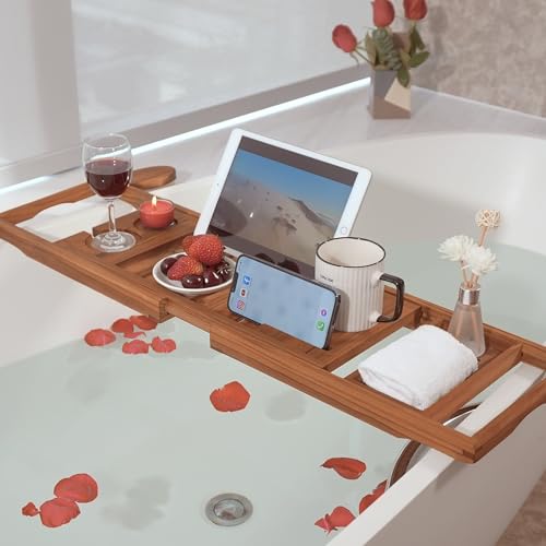 VaeFae Teak Bathtub Tray Expandable Wooden Tub Caddy Non-Folding - Teak Wood